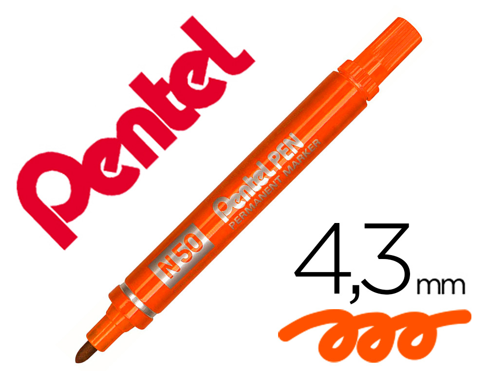 MARQUEUR PERMANENT PENTEL POINTE CONIQUE MOYENNE 4,3MM  CORPS METAL ENCRE INDELEBILE  TOUS SUPPORTS ORANGE
