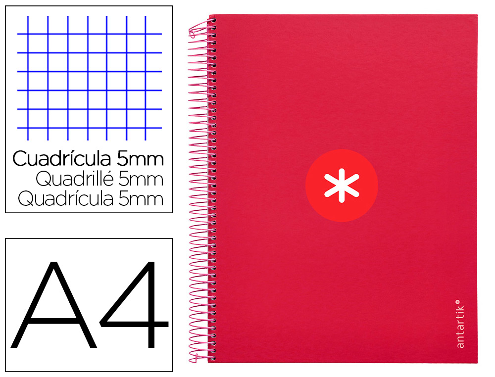 CAHIER SPIRALE LIDERPAPEL ANTARTIK A4 240P 100G REMBORDE5X5MM MICROPERFORE 5 BANDES   4 TROUS COLORIS FRAMBOISE