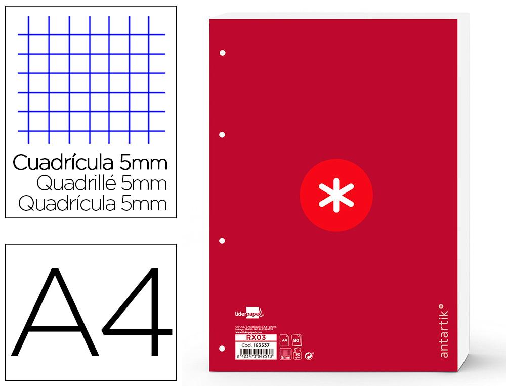 FEUILLET MOBILE LIDERPAPEL ANTARTIK A4 80 FEUILLES 100G  QUADRILLAGE 5MM 4 TROUS BORD  DE COULEUR FRAMBOISE