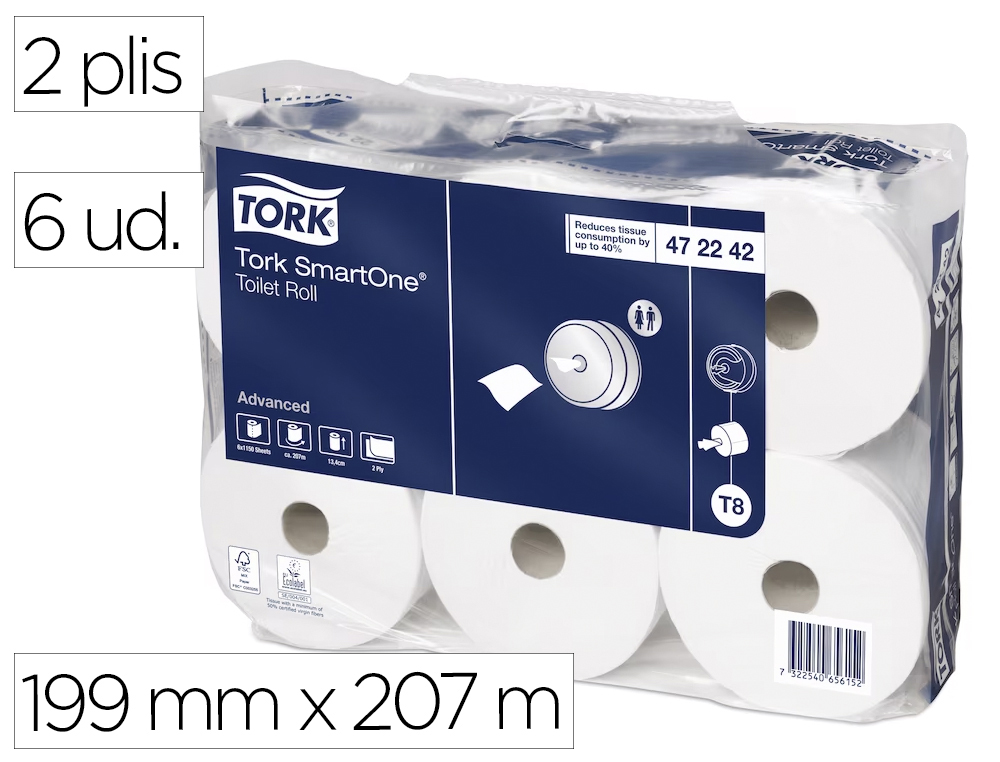 PAPIER HYGINIQUE TORK SMARTONE COLORIS BLANC PAQUET 6 ROULEAUX