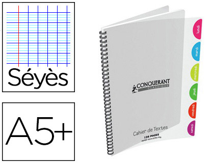 CAHIER SPIRALE CONQURANT CLASSIQUE COUVERTURE POLYPROPYLNE A5+ 17X22CM 124 PAGES SYS INCOLORE
