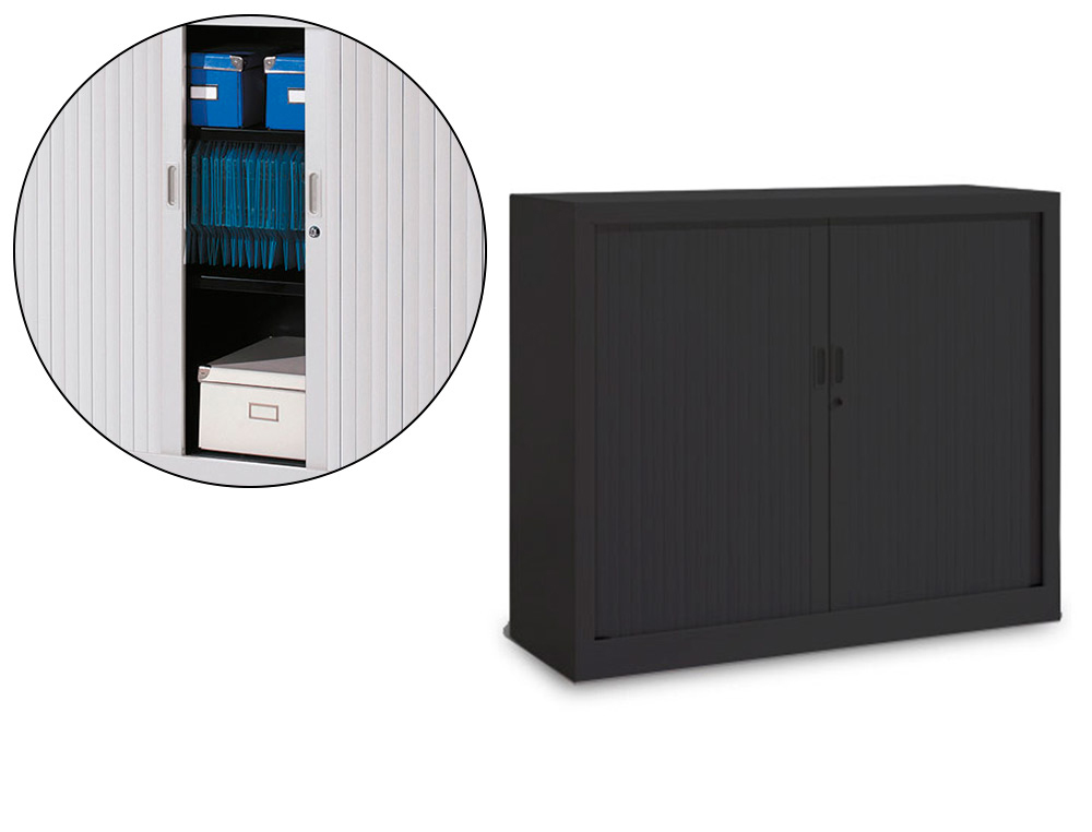 ARMOIRE MONOBLOC A RIDEAUX PVC NON FEU M1 EOL 2 TABLETTES H100CM L120CM P43CM CORPS ET FINITION COULEUR NOIR