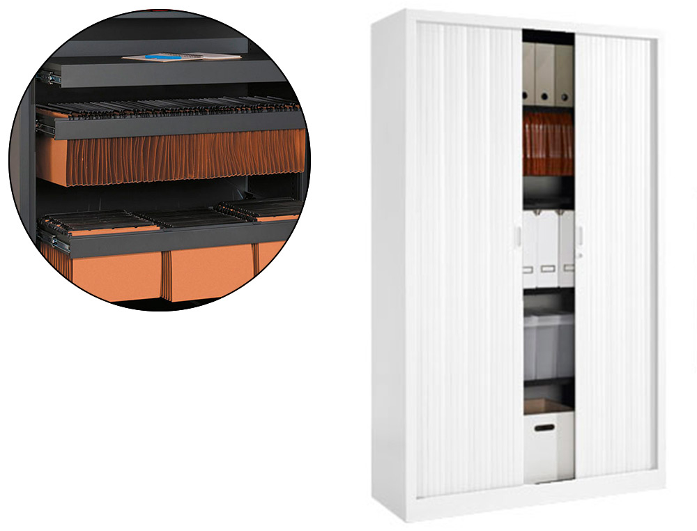 ARMOIRE MONOBLOC A RIDEAUX PVC NON FEU M1 EOL 4 TABLETTES H198CM L120CM P43CM CORPS ET FINITION COULEUR BLANC