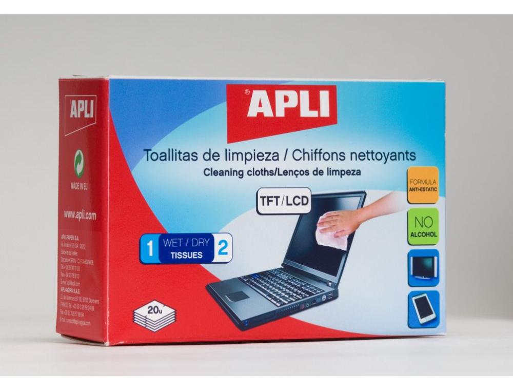 CHIFFON NETTOY HUMID-SEC B/20 BOTE DE 20 CHIFFONS NETTOYANTS HUMIDES ET SEC TFT/LCD 11325 APLI-AGIPA