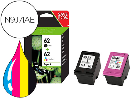 CARTOUCHE HP 62 JET D'ENCRE COMBO PACK NOIR 200P MAGENTA CYAN JAUNE 165P